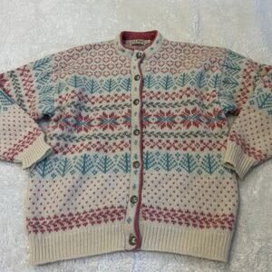 VTG LL Bean Cardigan Sweater Wool Knit Womens XL Made In USA 80s Pink Cottage